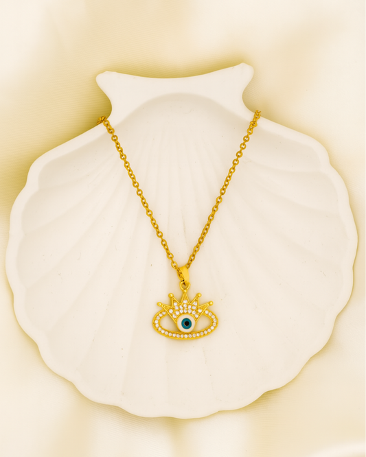 Crowned Evil Eye Necklace - 18K Gold Plated