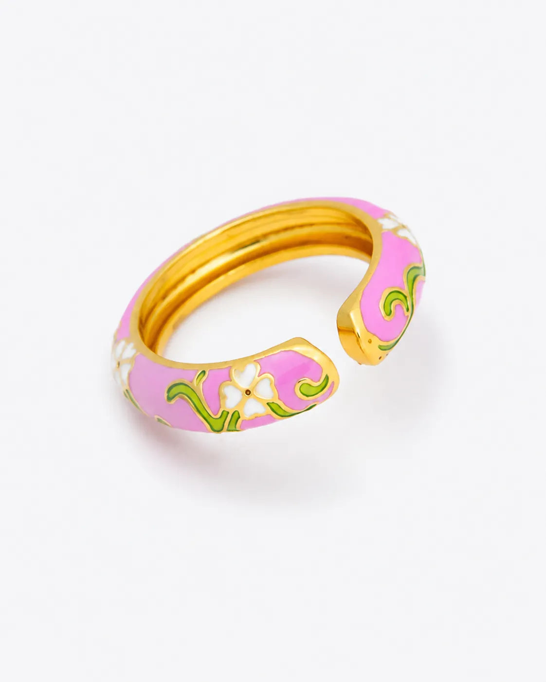 Gold ring with pink band featuring green floral designs on a white background