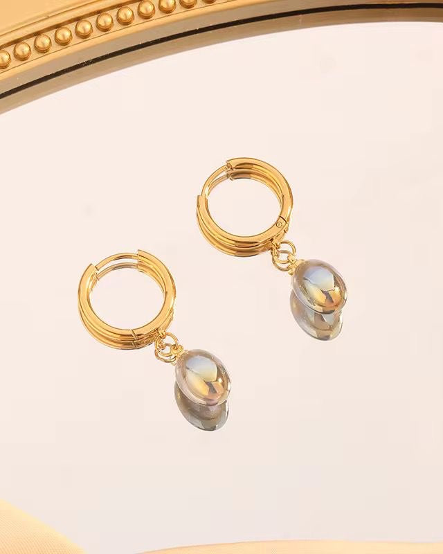 Iridescent Oval Drop Hoop Earrings – 18K Gold Plated
