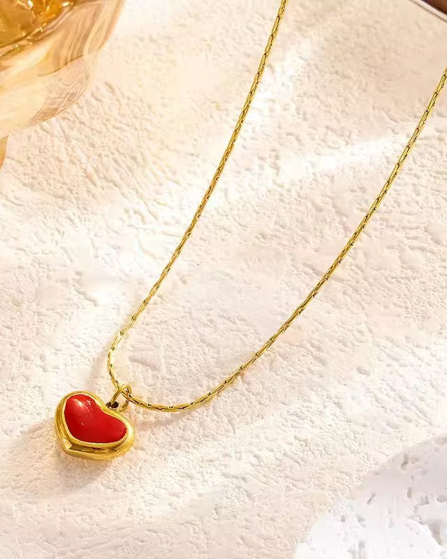 Red Heart Charm Necklace – 18K Gold Plated