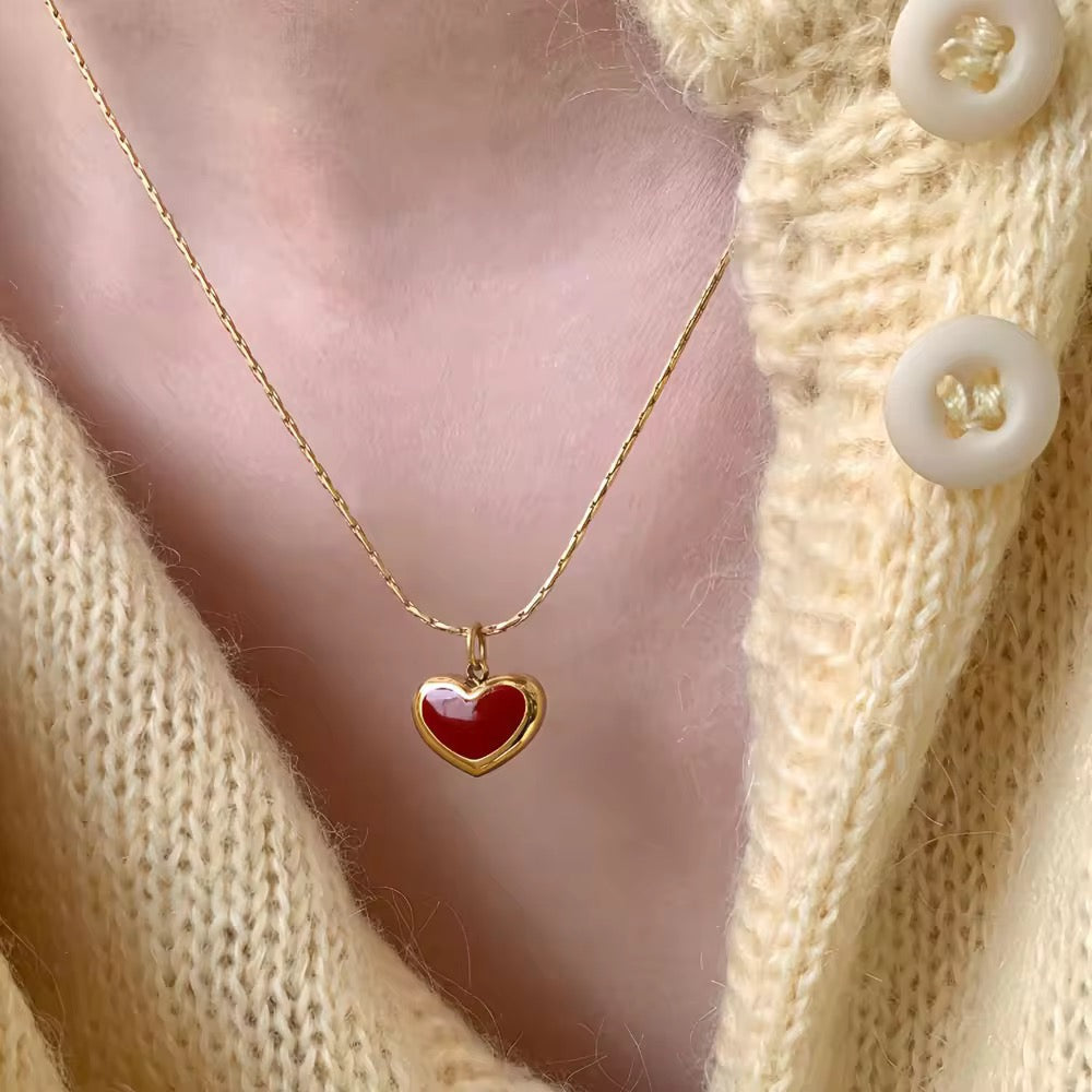 Red Heart Charm Necklace – 18K Gold Plated