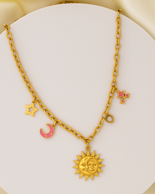 Celestial Harmony Charm Necklace – 18K Gold Plated