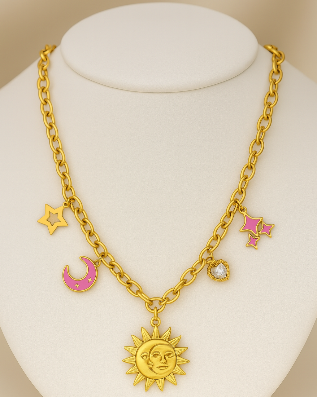 Celestial Harmony Charm Necklace – 18K Gold Plated