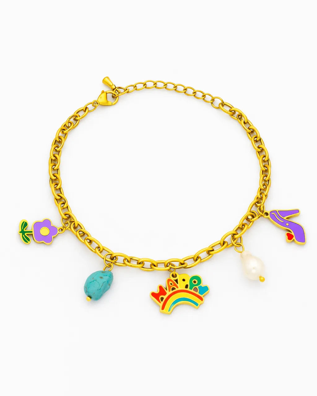 Gold bracelet with colorful charms on a white background