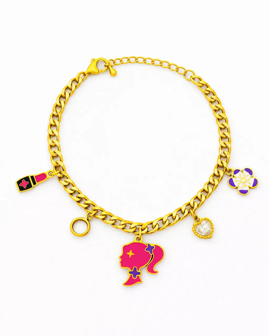 Gold bracelet with colorful charms on a white background