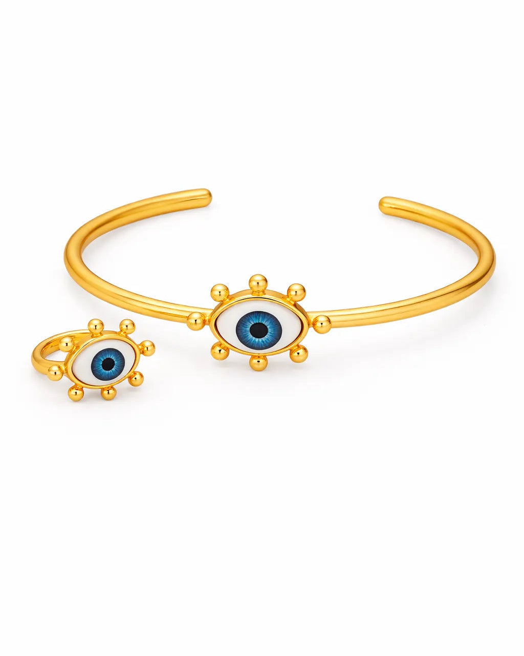 Gold bracelet with eye-shaped charms on a white background