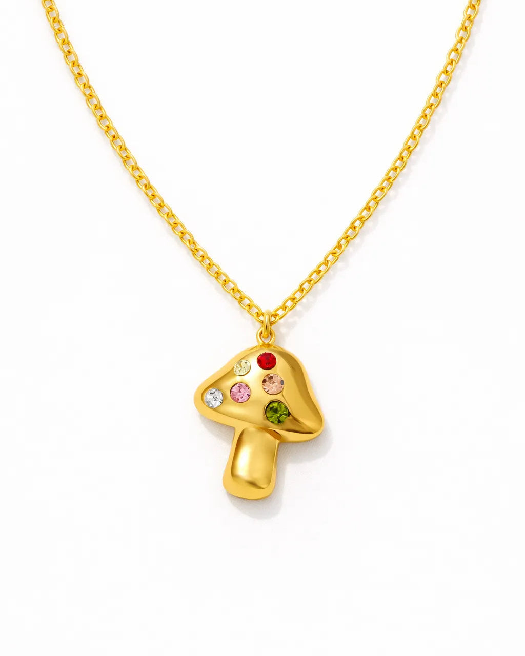 Gold necklace with a mushroom-shaped pendant on a white background