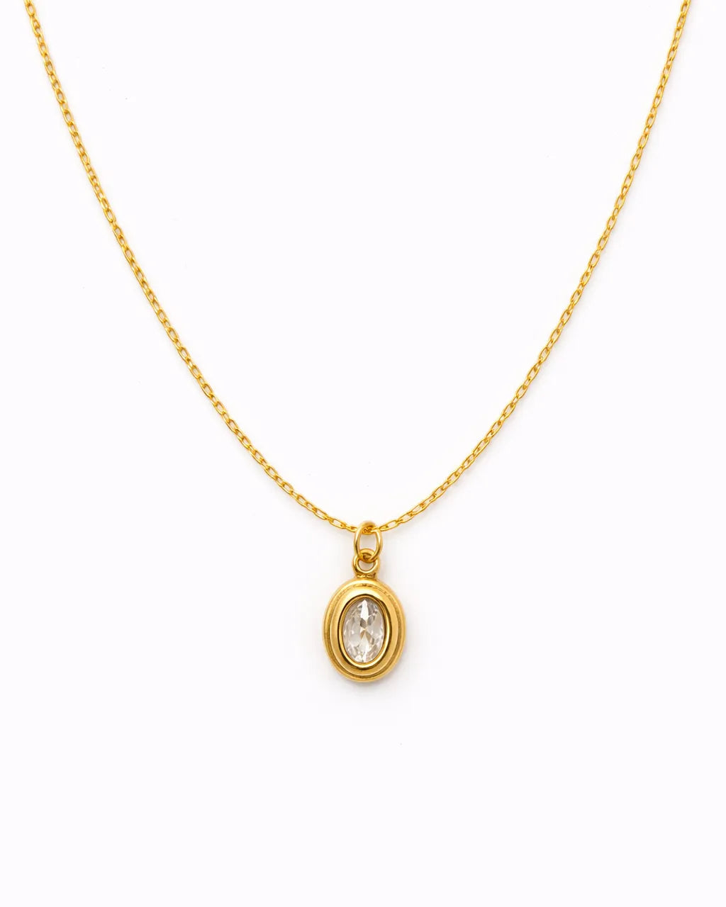 Gold necklace with a pendant on a white background