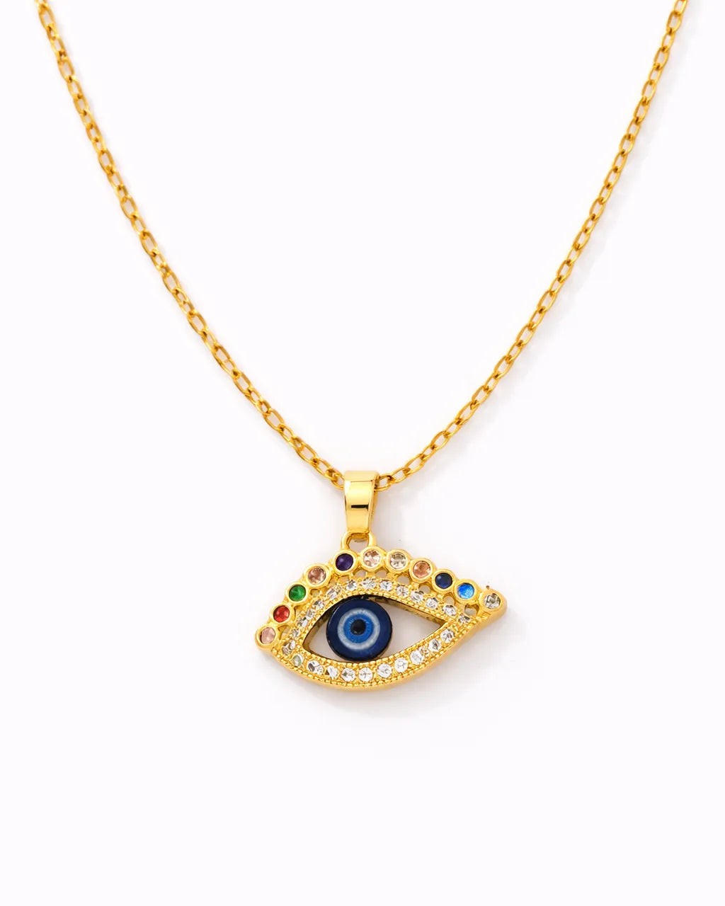 Gold necklace with an eye-shaped pendant on a white background