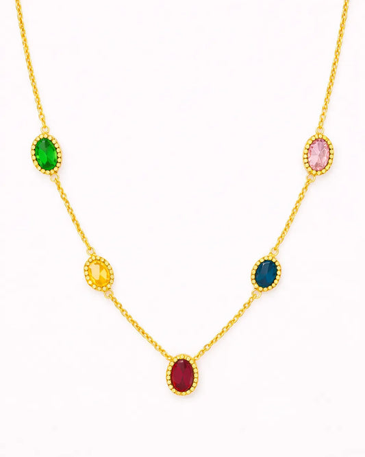 Gold necklace with colorful gemstones on a white background