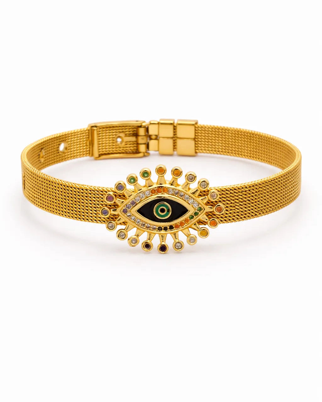 Gold bracelet with an eye design on a white background