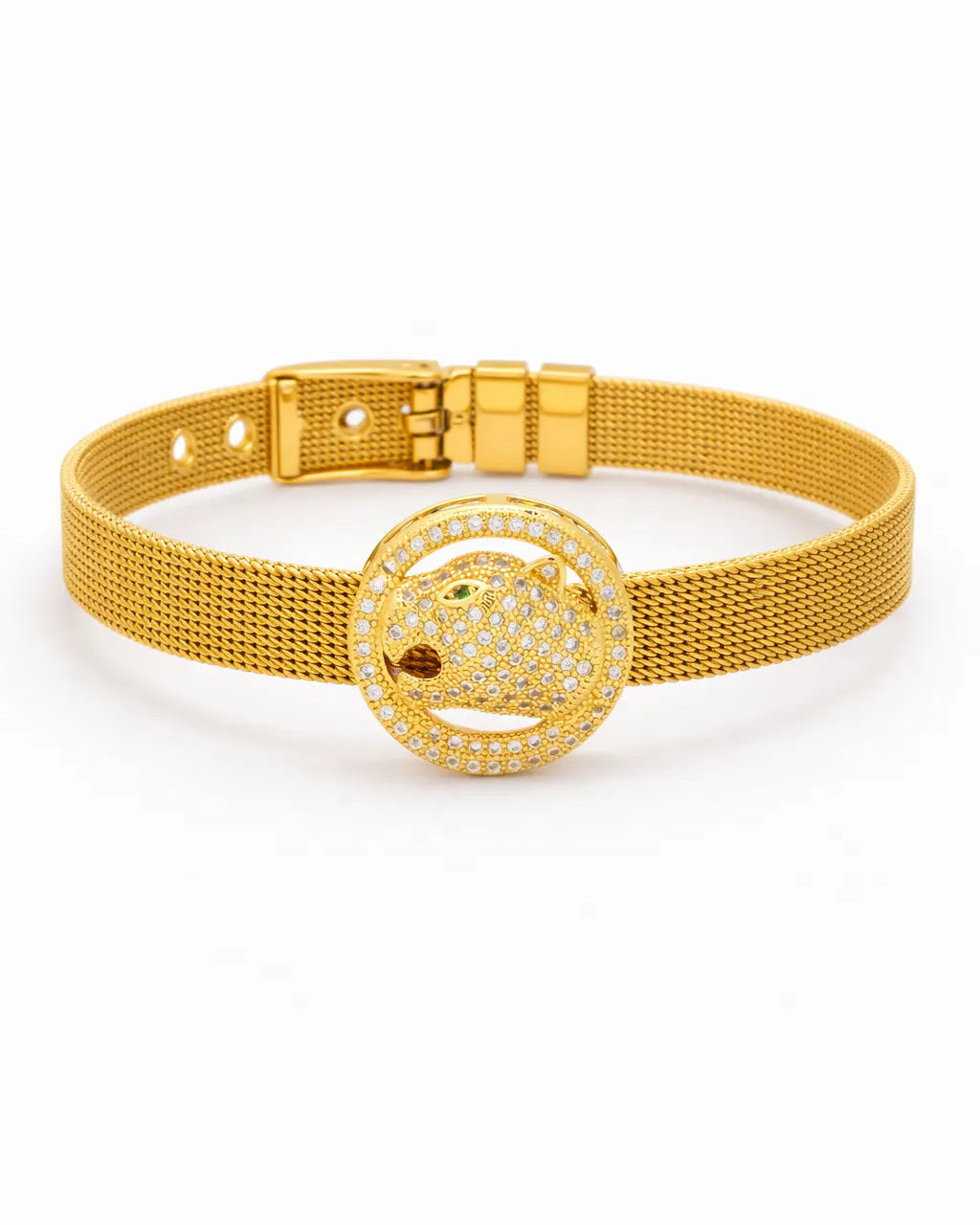 Gold bracelet with a lion head design on a white background