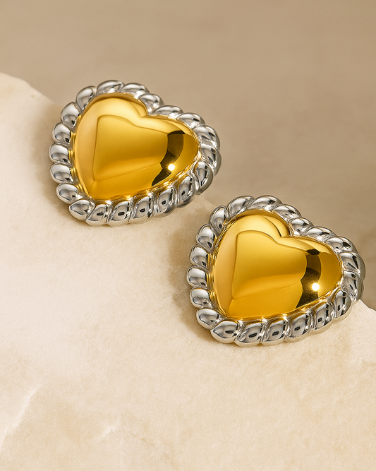 Dual Tone Heart Studs - 18K Gold Plated