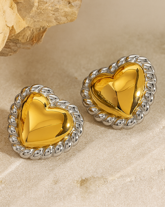 Dual Tone Heart Studs - 18K Gold Plated