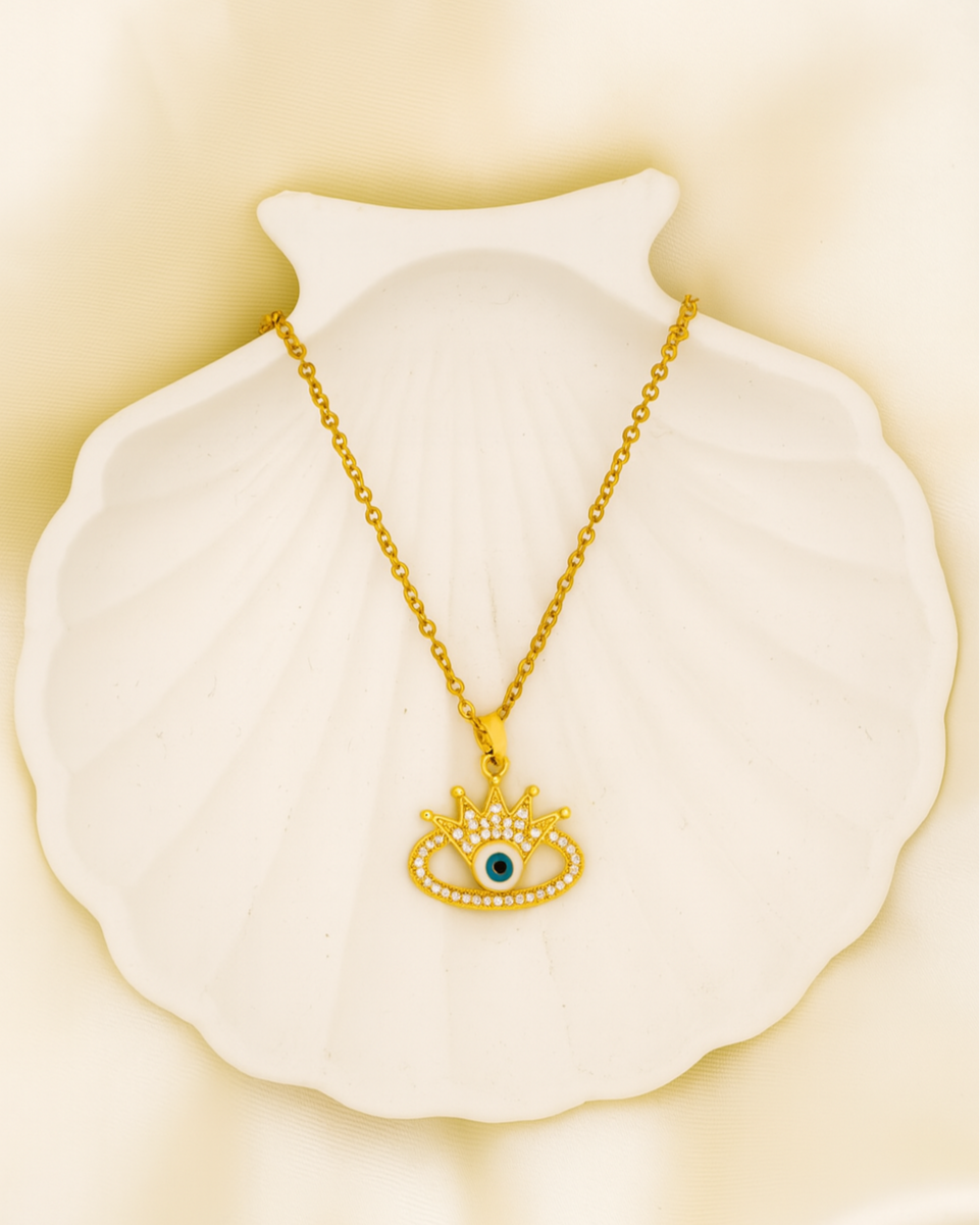 Crowned Evil Eye Necklace - 18K Gold Plated