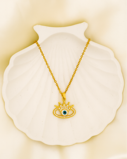 Crowned Evil Eye Necklace - 18K Gold Plated