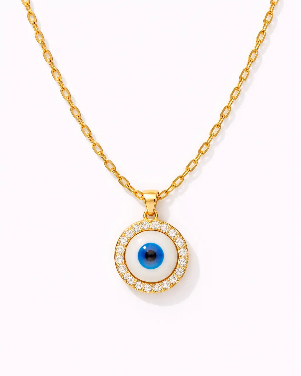 Gold necklace with an eye-shaped pendant on a white background
