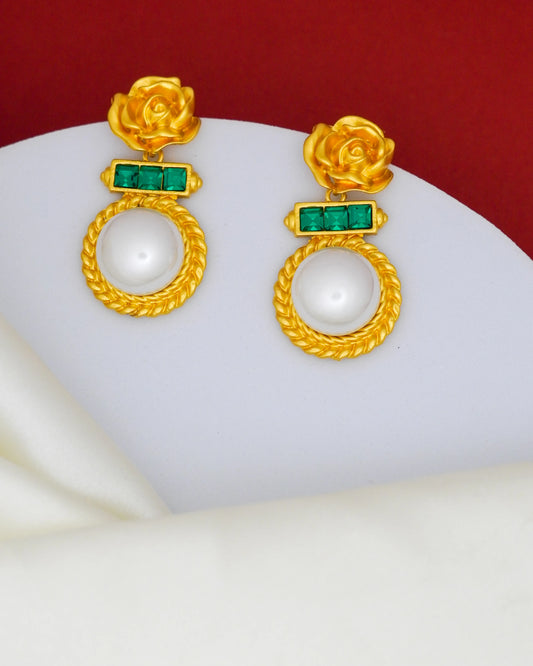 Rosette Pearl Drop Earrings – 18K Gold Plated