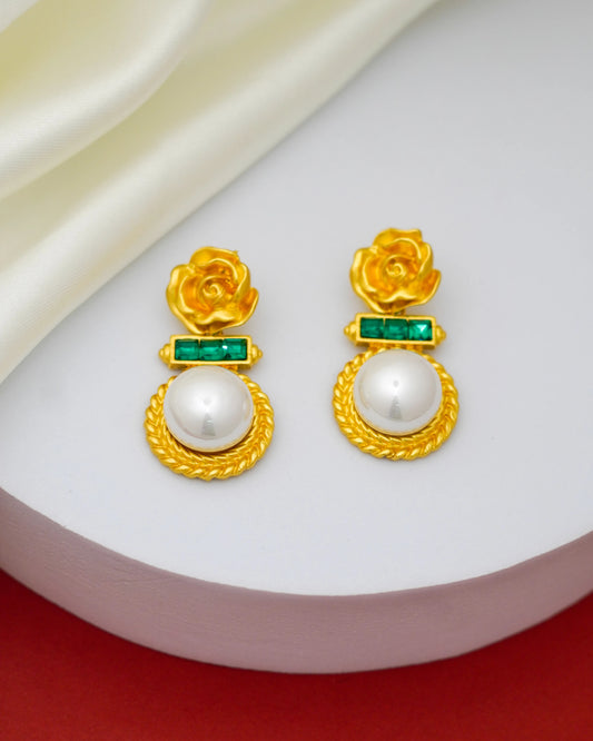 Rosette Pearl Drop Earrings – 18K Gold Plated