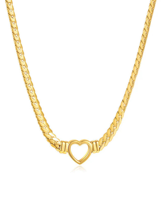 Gold chain necklace with a heart-shaped clasp on a white background
