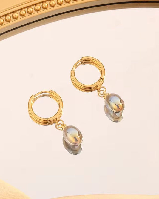 Iridescent Oval Drop Hoop Earrings – 18K Gold Plated
