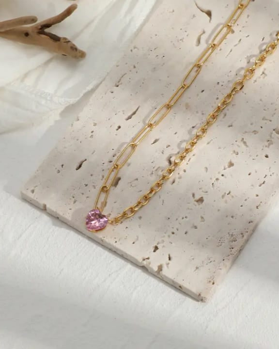 Pink Aurora Heart Necklace – 18K Gold Plated