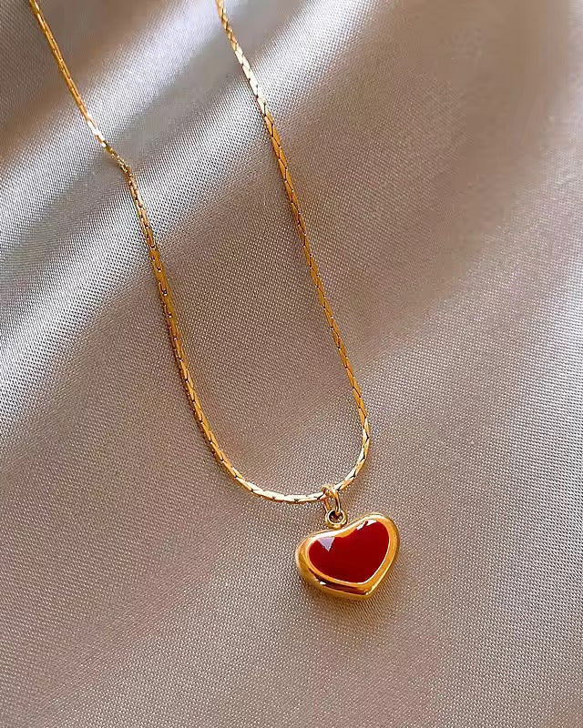 Red Heart Charm Necklace – 18K Gold Plated